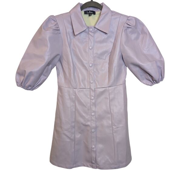 LULUS Sz Sm Cool Style Lavender Vegan Leather Puff Sleeve Button Up Dress $65 - Picture 1 of 7